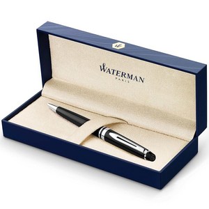 Wateman 엑스퍼트 블랙 볼펜 CT 미디엄 포인트 블루 잉크, 블랙  크롬 트림