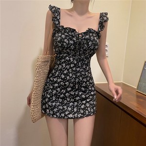 SAHINER 여성 스퀘어넥 플라워 나시 원피스 수영복 AYY01, XL, 블랙