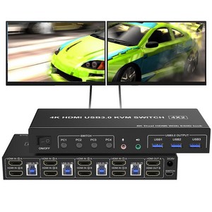 HDMI USB 3.0 KVM 스위치 4 포트 듀얼 모니터 4K @ 60Hz 확장 디스플레이 HDMI KVM 스위치 4 PC 공유 키보드 마우스용 배터리 없음, ZY-AH42U, 1개