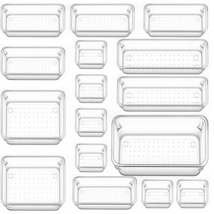 SAIVEINA 다용도 옷장 주방 사무실 화장품 욕실 책상 서랍 정리함 트레이 5가지 사이즈 아크릴 투명 보관 수납함 16피스, 1세트