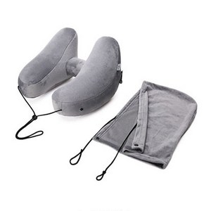 리빙엠 목쿠션 H형 에어펌프 여행용 목베개 기내용 비행기 휴대용 벨벳 후드 에어, 벨벳후드에어목베개-그레이