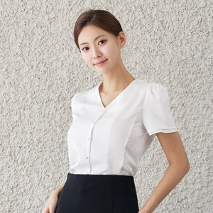반팔 승무원 면접 블라우스 노카라 V넥 [엘르2]