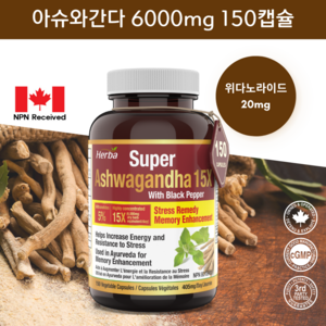 아슈와간다 400mg 150베지캡슐 15배 농축 아쉬와간다 위다노라이드 20mg 허바 캐나다, 1병/150캡슐, 1개, 150정