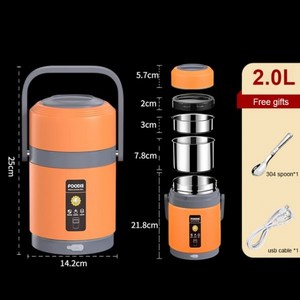 USB 전기 난방 도시락 스테인레스 스틸 식품 워머 뜨거운 음식 용기 사무실 학생용 열 상자, 2.0L-Oange_3, 1개