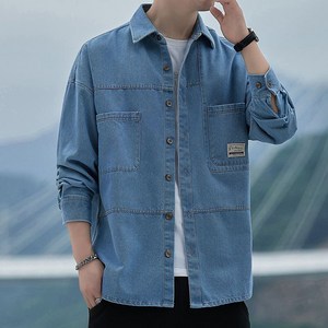 POMTOR 봄 가을 데님 긴팔 셔츠 오버핏 카고 캐주얼 남자 상의 데님 코트