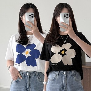 [행복여] 1+1 플로라 나염 캐쥬얼 루즈핏 반팔 티셔츠