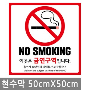 금연 구역 안내 현수막 50X50cm 흡연 금지 큐방 벽 배너 문 매장 창문 표지판 안내판 행사 건물, BN007.선택 - 금연구역 50x50cm