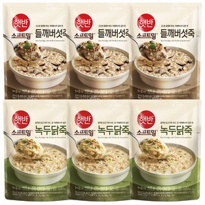 비비고 (햇반 소프트밀) 파우치 죽 (녹두닭죽 x3P + 들깨버섯죽 x3P), 420g, 6개