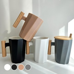 각진 우드 고급 머그컵 4종 380ml, 화이트 + 블랙 + 그레이 + 베이지, 1세트