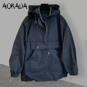 AOKADA 바람막이 남녀공용 포켓 워크웨어 배색 디자인 후드 아우터 커플 기모 패션 루즈핏 방수 자켓 아우터