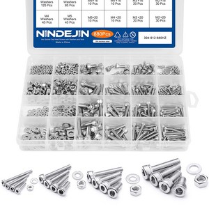 NINDEJIN 580/880pcs 육각 소켓 나사 모음 키트 M2 M3 M4 M5 스테인레스 스틸 플랫 라운드 캡 헤드 볼트 및 너트 세트, 880pcs, 원기둥머리, 1개