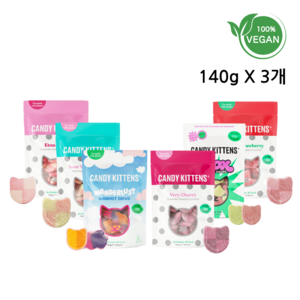 [스웨디시 젤리] CandyKittens 캔디키튼스 비건 젤리 140g 3종 대용량세트, 이튼메스(140g), 와일드스트로베리(140g), 사우어워터멜론(140g), 3개