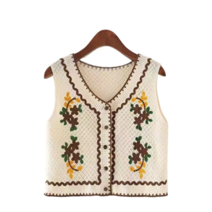 여성용 여름 브이넥 자수 베스트 캐주얼 민소매 숏 니트 조끼 카디건 상의 Women's Knitted Vest