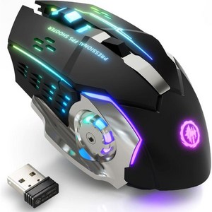 무선 게임용 마우스 Bluetooth RGB 충전식 24G USB 컴퓨터 마우스노트북 iPad Mac OS PC Windows용 7색 백라이트 6개 버튼 및 무음 클릭 포함 검정색, Black