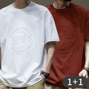 [1+1] 남녀공용 오버핏 엠보싱 로고 반팔 티셔츠