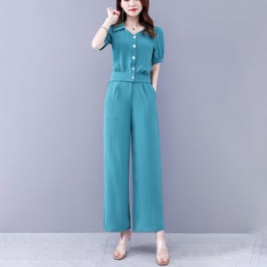 besteffie 여성용 봄 여름 세트업 반팔 셔츠 와이드 팬츠 캐주얼 오피스룩 심플 루즈핏 버튼업 솔리드 컬러 K19