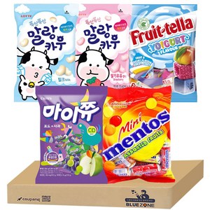 [블루존] 꼬꼬마 5종 젤리 세트(말랑카우우유+말랑카우딸기+멘토스 미니푸르티+마이쮸 포도+후르트텔라), 1개, 79g