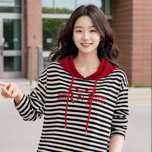 애띠앙 반짝이 줄가라 후드티 스트라이프 티셔츠