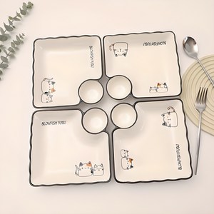 BLOWFISHFUGU 심플 화이트만두접시 고양이 패턴 스시나눔접시 캐릭터 도자기 접시 2P/4P, 4개, 혼합색상