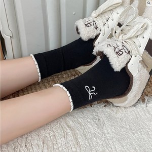 벼리부루 여성용 리본 퍼프 레이스 봄여름용 중목 양말 7켤레