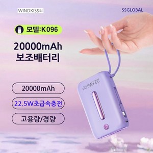 보조 배터리 20000mA 급속충전 K096, 퍼플, 퍼플