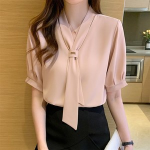 besteffie 여성용 봄 가을 간절기 브이넥 리본넥 우아한 쉬폰 블라우스 반팔 셔츠티 오피스룩 K72