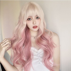 하이유니 백금발 체리핑크 투톤 웨이브 펌 롱 헤어 통가발 64cm, 체리핑크+백금발 - 통가발+거치대+가발망, 1개