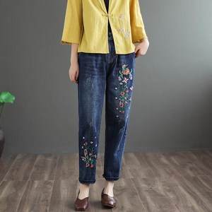 ROYALBELLE 여성 자수 데님 팬츠 루즈핏 빈티지 꽃무늬 청바지 배기핏 E0020608