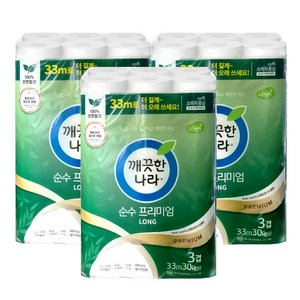 깨끗한나라 순수 프리미엄 화장지 천연펄프 고급롤화장지, 33m, 30개입, 3개