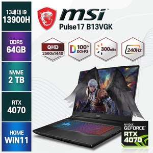 2023년형 MSI Pulse 17 B13VGK 240Hz QHD 13세대 인텔 i9 RTX4070 게이밍노트북, 블랙, 코어i9, 2TB, 64GB, WIN11 Home