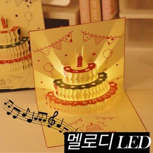 키미블랑 생일축하카드 케이크모양 LED 3D 멜로디 입체카드, 레드, 3단