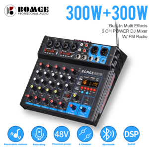 BOMGE 6 Channel Power Stereo Amplifier Audio Sound Interface Mixing Console 600W Bluetooth MP3 FM, black, BMG-06B, 블랙