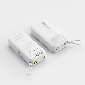 보조배터리 40000mAh 초고속 충전 4개 충전선 내장일체형휴대용캠핑 보조배터리, 진주 화이트