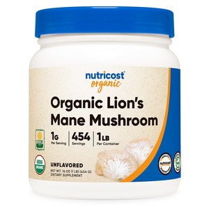 뉴트리코스트 오가닉 노루궁뎅이 버섯 500g 1병 1서빙 1g 500회분 Oganic Lion's Mane Mushoom Powde [1 LB] [Unflavoed], 1개