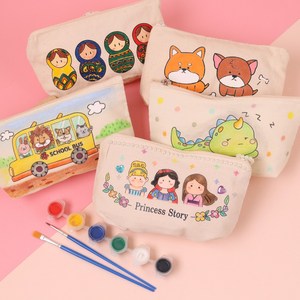 [아이디몬]감성 파우치 세트 12종 물감포함 diy 광목 컬러링 꾸미기 캔버스천 도안 봉제 에코 필통, 1개, 스쿨버스