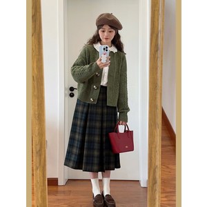 해피유통 여성 빈티지 하이웨스트 체크 모직 a라인 미디 스커트JHW