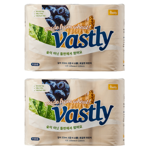 바스틀리 토일렛 3겹 롤화장지, 33m, 12롤, 2개