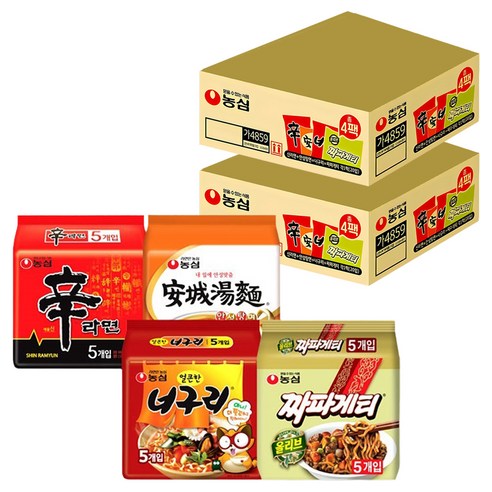 농심 신라면 5개 120g + 안성탕면 5개 125g + 얼큰 너구리 5개 120g + 짜파게티 5개 140g