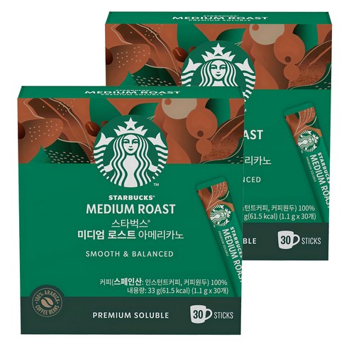 스타벅스 미디엄 로스트 아메리카노 원두커피믹스, 1.1g, 30개입, 2개