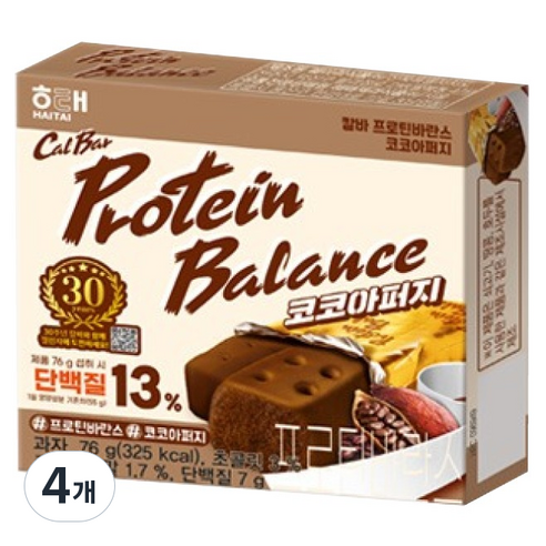 해태제과 칼바 프로틴 바란스 코코아퍼지, 76g, 4개
