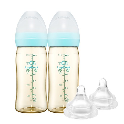 루피너스 PPSU 젖병 240ml 트윈팩(아쿠아민트/2개입)+젖꼭지(2개입), 4단계(L) 6개월~, 1세트