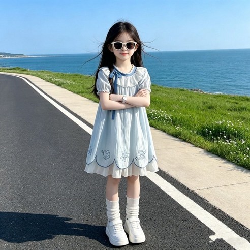 Toruva어린이 봄여름 귀여운 자수 반팔 원피스, 사랑스러운 레이스 카라 디자인14세 이상