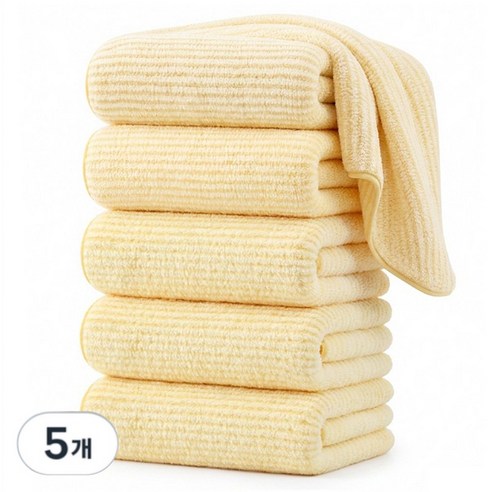 Ahomeone 호텔 수건 40수 부드러운 스트라이프 코랄플리스 먼지없는 수건 세면타월, 5개, 노란색