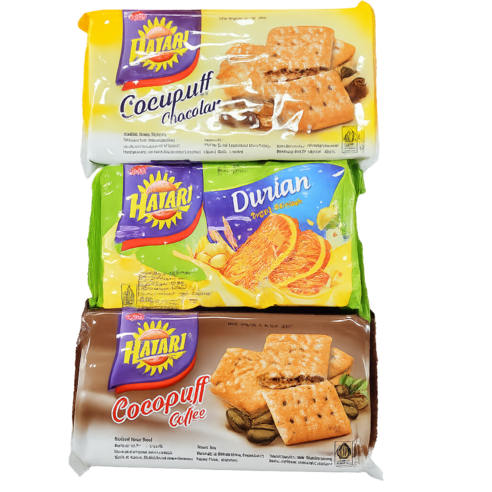 Hatari Cocopuff Biskuit 3 Varian Chocolate Coffee Durian Snack Indonesia, 3세트, 510g