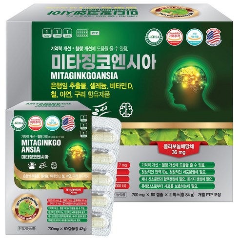미국 미타징코엔시아 120캡슐 은행잎추출물 영양제 셀레늄 아연 비타민D, 120정, 1개