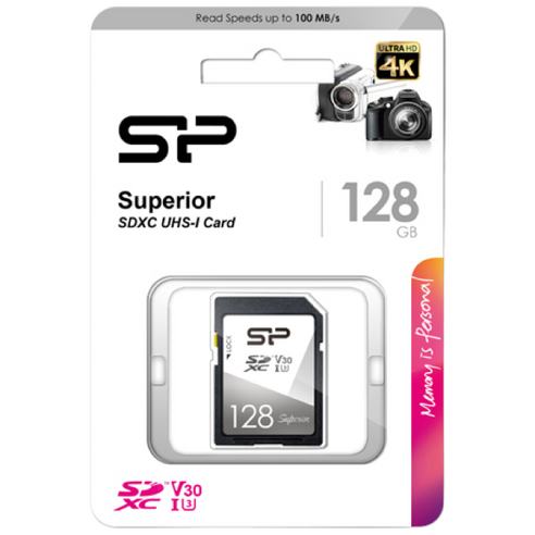 실리콘파워 Superior SDXC 클래스 10. UHS-I U3 V30 4K UHD SD카드 DSLR 카메라, HD 캠코더, 128GB, 1개