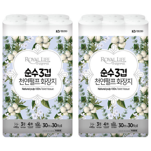 로얄라이프 천연펄프 화장지 순수 3겹(30m 30롤) 2팩