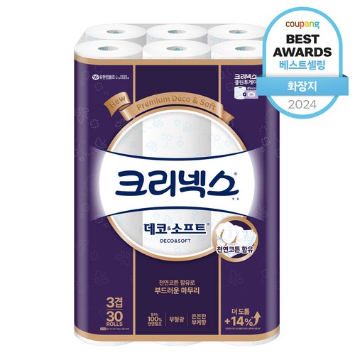 크리넥스 데코앤소프트 천연펄프 3겹 고급롤화장지, 27m, 30개입, 1개