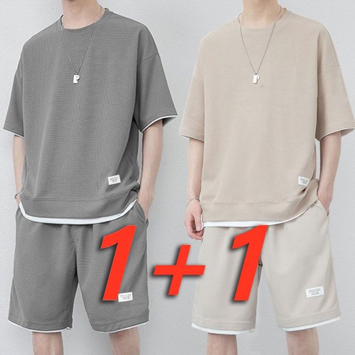 여름 얇은 남성 트레이닝복 세트 와플원단 심플 캐주얼 반팔 반바지 상하세트 빅사이즈 시원한 스포츠 남자복 투피스 데일리복 홈웨어