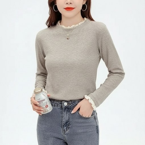 마켓피아 여성용 레이어드 프릴 슬림핏 긴팔 티셔츠